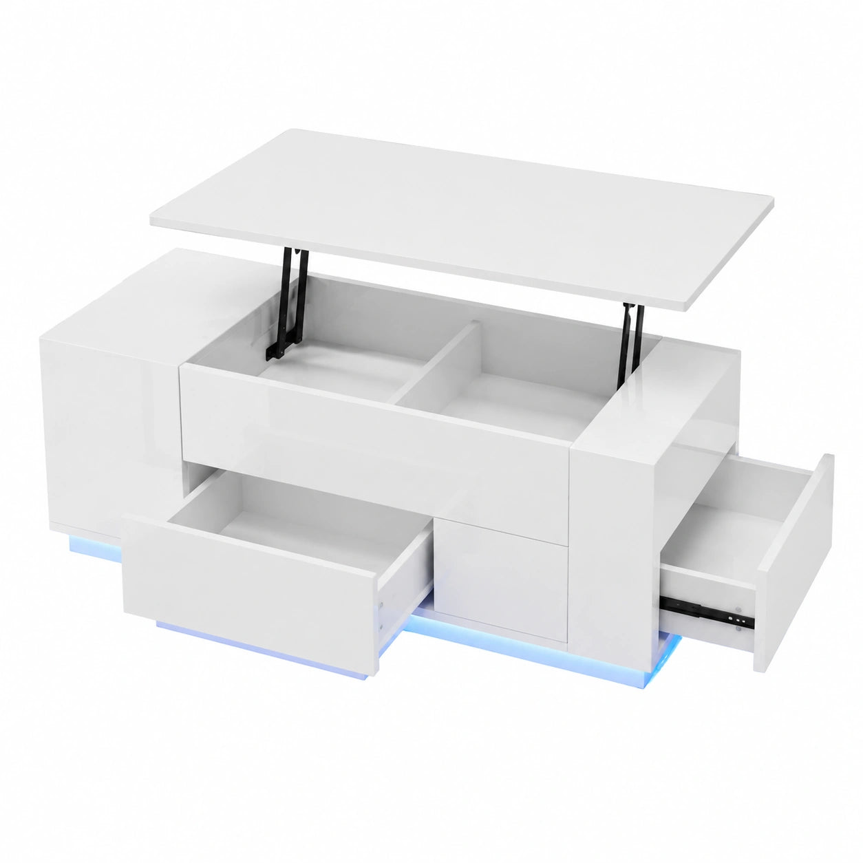 Moderner H?henverstellbarer LED-Couchtisch Wei? mit Stauraum, Schubladen und Hockern