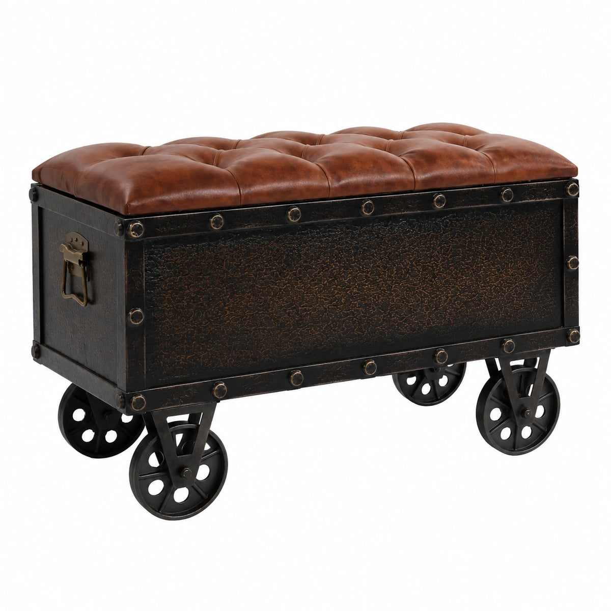 Massivholz Aufbewahrungsbank mit Kunstleder-Sitz und Stahlrollen, Braun, 80,5x41x50 cm