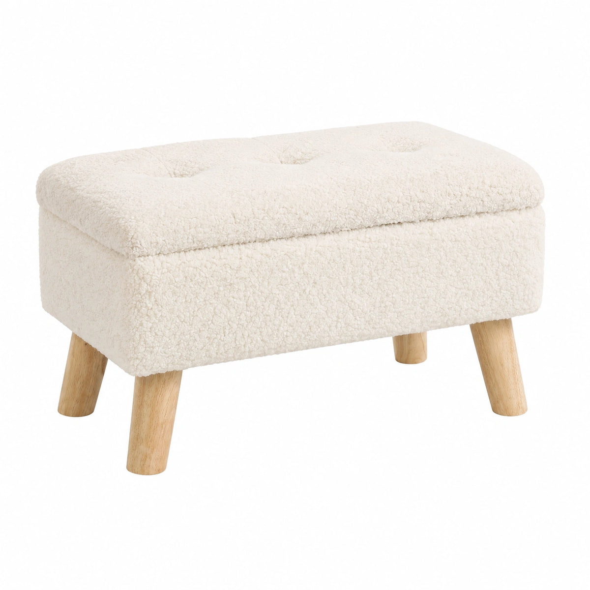Moderner Aufbewahrungshocker mit Bouclé-Bezug und Holzbeinen, Creme