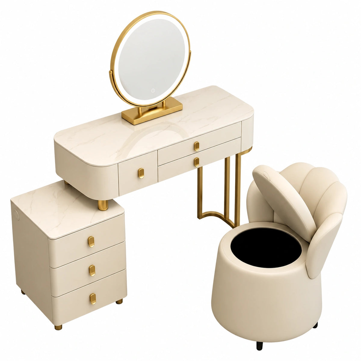 Moderner Schminktisch mit Spiegel und Stauraum, inklusive Hocker und Nachttisch, 6 Schubladen, perfekt für das Schlafzimmer
