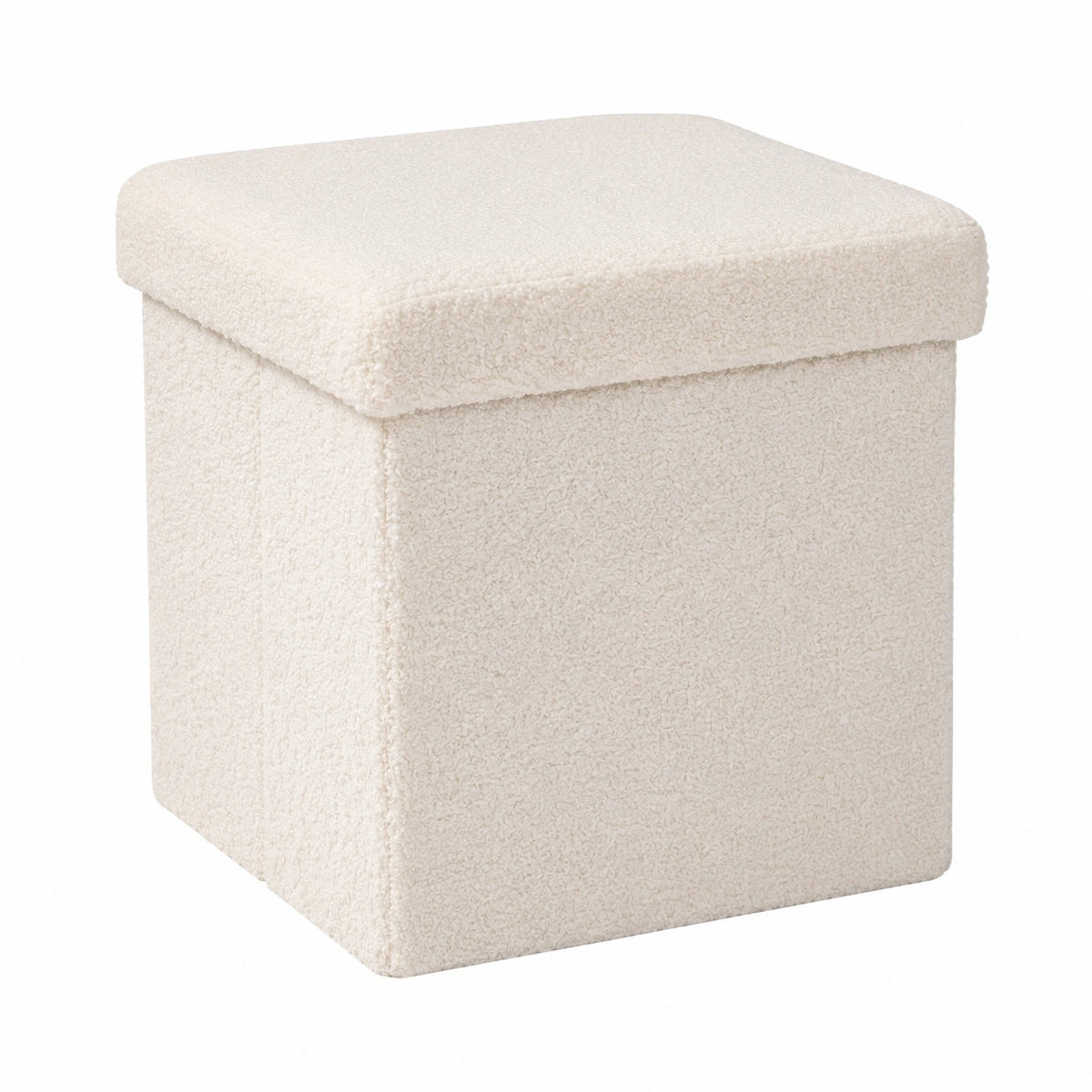 Kompakter Bouclé Sitzhocker mit Stauraum, Klappbare Aufbewahrungsbox, Fußbank in Weiß, 32x32x32 cm