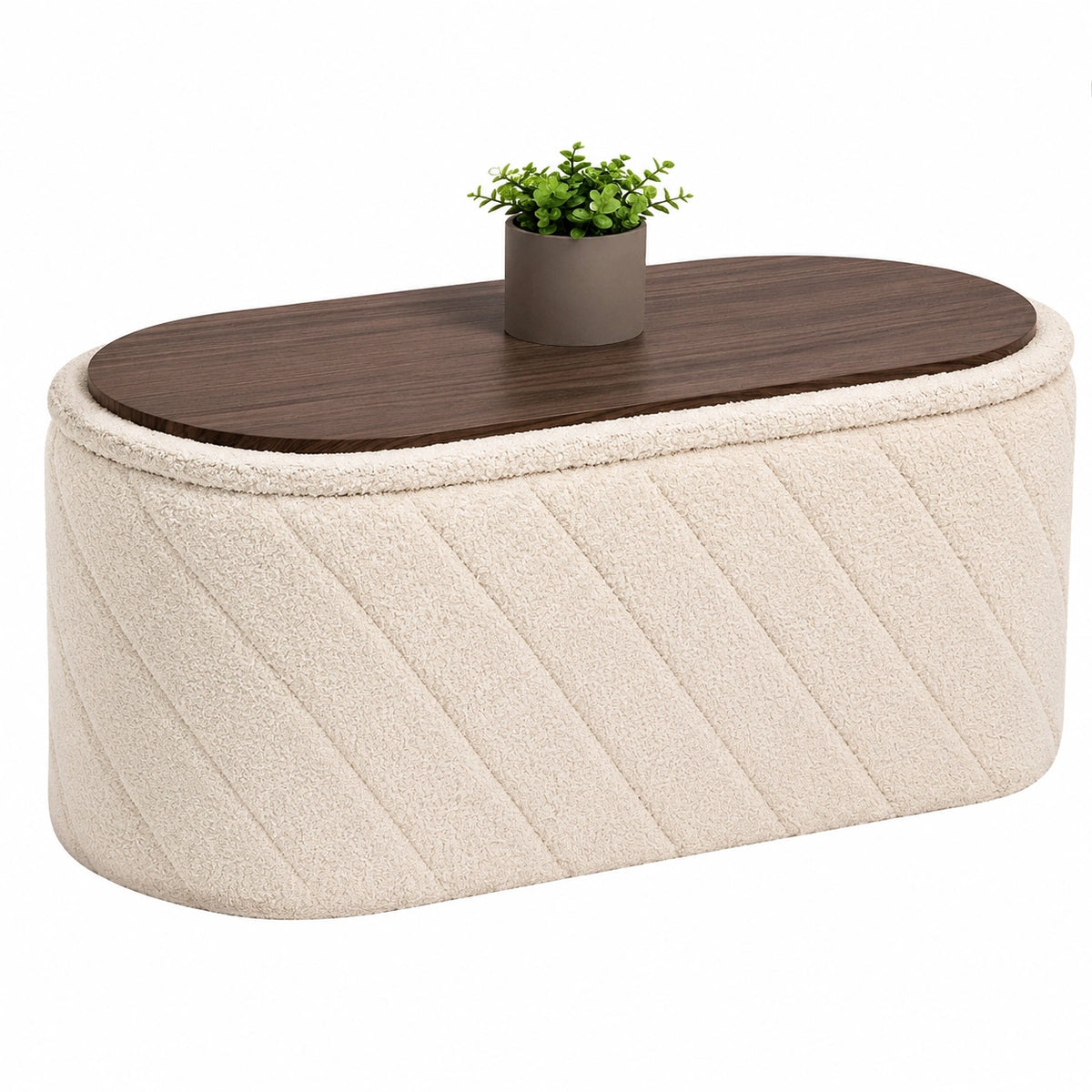 Bonlife Ovaler Ottomane mit Stauraum, Klapphocker aus Bouclé, Ideal für Bettende, Wohnzimmer, Schlafzimmer, Flur, Weiß, 76x38x38cm