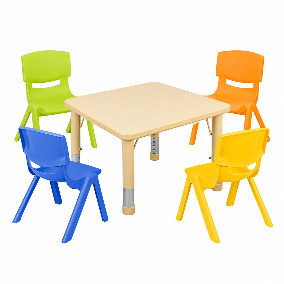 Verstellbare Kindersitzgruppe aus Holz mit Tisch und 4 Stühlen, Kunststoff, für Innen und Außen, 1-8 Jahre