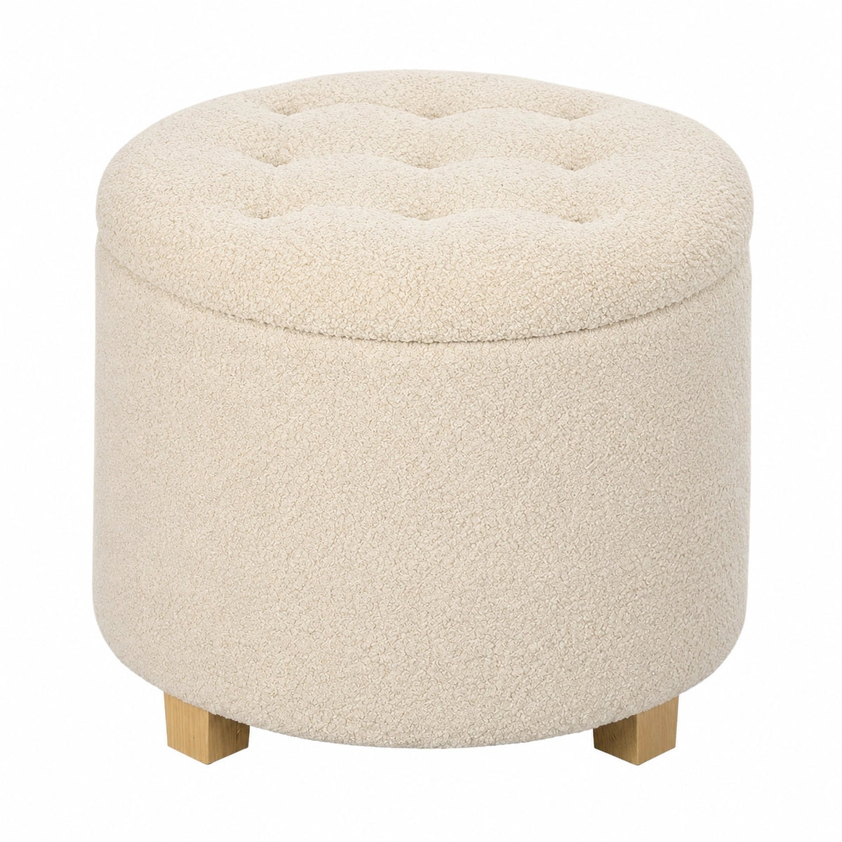 Runder Polsterhocker mit Stauraum, Teddy-Fleece, Holzbeine, Cremeweiß, 45x45x41cm