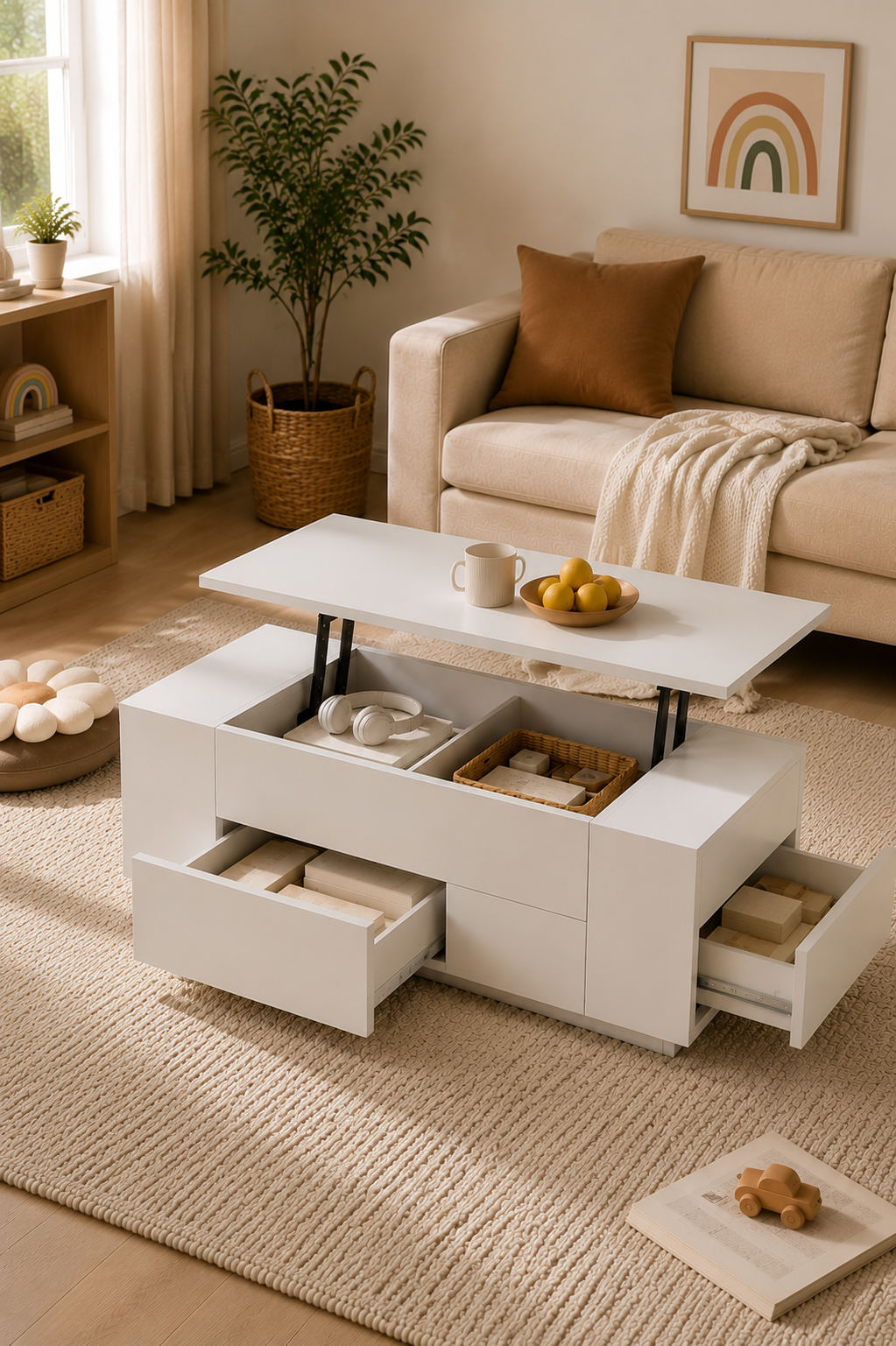 Moderner Höhenverstellbarer LED-Couchtisch Weiß mit Stauraum, Schubladen und Hockern