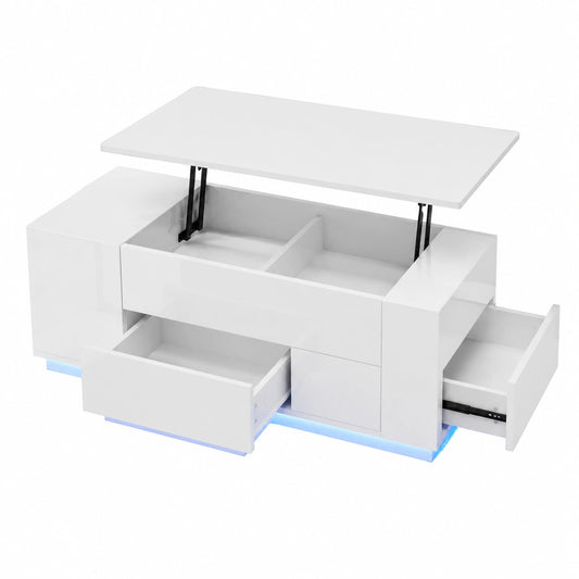 Moderner H?henverstellbarer LED-Couchtisch Wei? mit Stauraum, Schubladen und Hockern