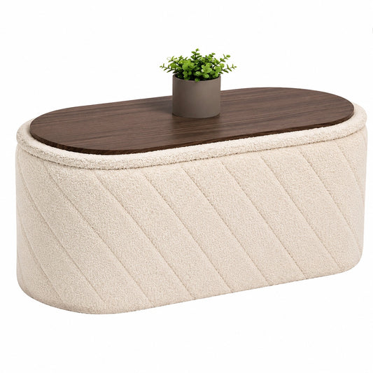 Bonlife Ovaler Ottomane mit Stauraum, Klapphocker aus Boucl¨¦, Ideal f¨¹r Bettende, Wohnzimmer, Schlafzimmer, Flur, Wei?, 76x38x38cm