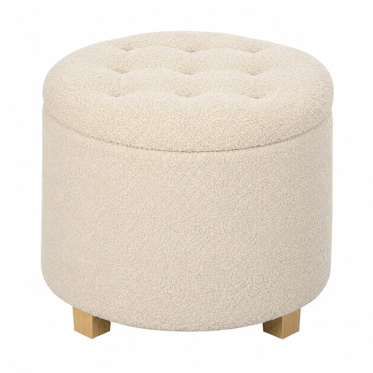Runder Polsterhocker mit Stauraum, Teddy-Fleece, Holzbeine, Cremewei?, 45x45x41cm