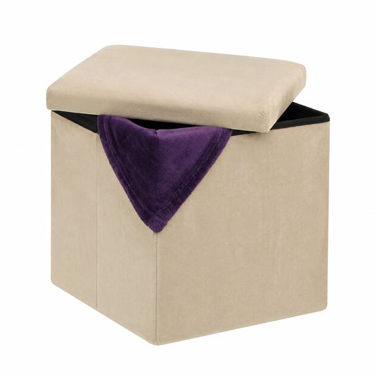 Relaxdays faltbarer Sitzhocker aus Samt mit Stauraum, 38x38x38 cm, cremefarben